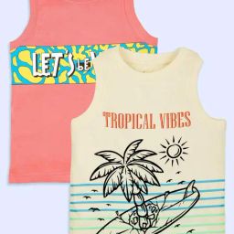 Kiddopanti Boys Off White & Coral Cotton Printed Regular Fit T-Shirt - Pack of 2-picture-1