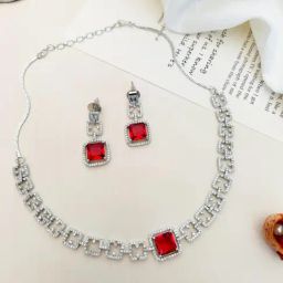 Abdesigns Silver American Diamond Statement Necklace & Earring Set-image-27