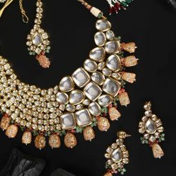 Priyaasi Peach Pearls Beads Kundan Gold-Plated Choker Set with Maangtikka-6