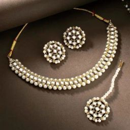 Peora Gold Plated Kundan Choker Necklace Stud Earrings & Maang Tikka Set-image-65