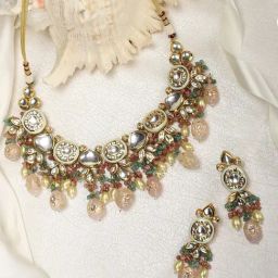 Priyaasi Multi-color Beads Pearls Kundan Gold-Plated Choker Set-image-7