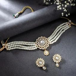Peora Gold Plated Kundan White Choker Necklace Beaded Traditional Set-image-39