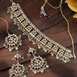 Peora Ethnic Indian Kundan Choker Necklace Earrings & Maang Tikka Set-image-61