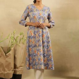 W Light Blue Cotton Floral Print Flared Kurta-picture-3