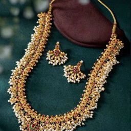 Peora Gold Plated Red Green Beads Studded Long Necklace Drop Earrings Set-4