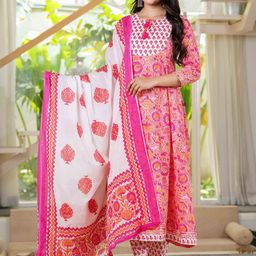 Pistaa Women Floral Printed Layered Pure Cotton Kurta with Trousers & Dupatta-picture-21