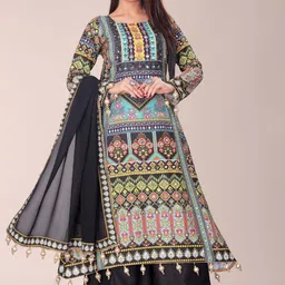 NKV Ethnic Motifs Printed Mirror Work A-Line Kurta With Palazzos & Dupatta-9