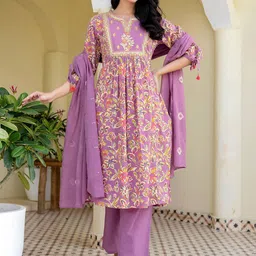 SKYLEE Floral Printed Sequinned A-Line Kurta With Trousers & Dupatta-15