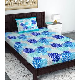 Divine Casa Floral Blend Cotton Single Bedsheet with 1 Pillow Cover - Navy Blue & Cyan-image-49