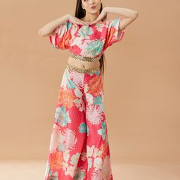 Pspeaches Half Sleeves Mirrorwork Detail Floral Printed Crop Top With Flared Palazzo - Magenta Pink-image-72
