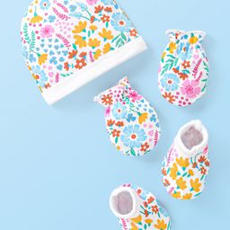 Babyhug 100% Cotton Cap Mittens & Booties Set Floral Print - Multicolour-image-20