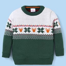 Babyhug Knitted Full Sleeves Pullover Sweater With Intarsia Design - White & Green-image-92