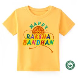 BLUSHES Rakhi Theme 100% Cotton Half Sleeves Happy Raksha Bandhan Text Printed Tee - Yellow-image-40