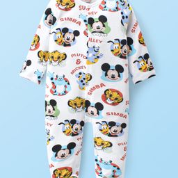 Babyhug Disney Interlock Knit Full Sleeves Front Open Footed Sleep Suit with Mickey Mouse Graphics - White-image-17