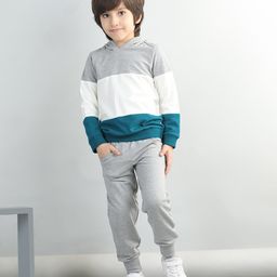 Aww Hunnie Cotton Looper Full Sleeves Colour Block Hooded Sweatshirt With Solid Joggers - Grey-image-88