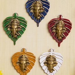 eCraftIndia Set of 5 Decorative Lord Ganesha Face On Leaf Wall Hanging- Multicolor-25