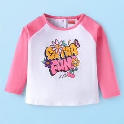 Babyhug Cotton Knit Full Raglan Sleeves T-Shirt With Text & Floral Print - Pink & White-image-48