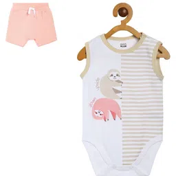 MINI KLUB Cotton Sleeveless Striped & Sloths Printed Onesie & Shorts Set - Multi Colour-picture-16