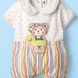 ToffyHouse Cotton Woven Half Sleeves Peter Pan Collared Striped Romper with Polka Dots Print Lace Detailing & Bear Patch Detailing - White-image-79