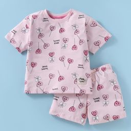 CUCUMBER Sinker Knit Half Sleeves Shorts Night Suit With Candy Print - Baby Pink-image-38