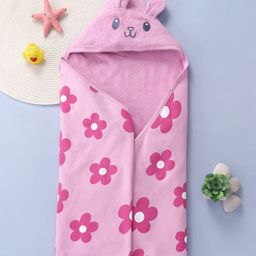 Babyhug Terry Knit Hooded Towel With Bunny Ears Applique & Floral Print L 30 x B 30 cm - Pink-image-42