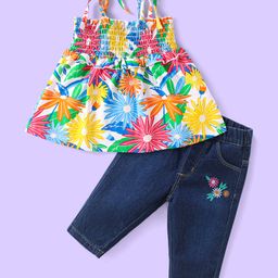 Babyhug Single Jersey Knit Singlet Sleeves Top & Denim Jeans with Floral Print & Embroidery - Blue-image-58