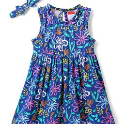 Babyhug Single Jersey Knit Sleeveless Frock & Head Band Floral Print - Blue-image-42