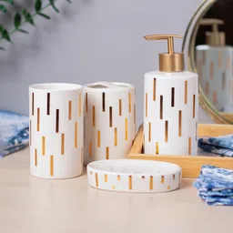VONCASA Off White Ceramic Bathroom Set Of 4 - Straight Lines, Bath Accessories-picture-4