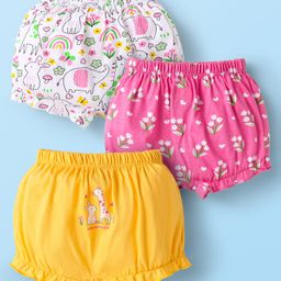 Babyhug 100% Cotton Single Jersey Knit Bloomers With Floral & Animal Print Pack Of 3 - Pink White & Yellow-image-54