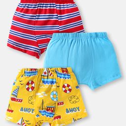 Babyhug 100% Single Jersey Cotton Knit Trunks with Stripes & Nautical Theme Print Pack of 3 - Red Blue & Yellow-image-68