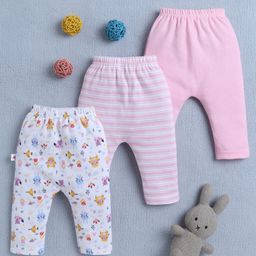 BUMZEE Cotton Full Length Stripes & Animal Print Diaper Pants Pack of 3 - Baby Pink & White-image-107