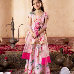Pspeaches Pure Cotton Half Sleeves Floral Printed Coordinating Kurta & Sharara With Dupatta Set - Peach-image-54
