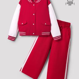 OLLINGTON ST. Cotton Winterwear Set Of Printed Full Sleeves Varsity Jacket & Trackpants -Red & White-image-72