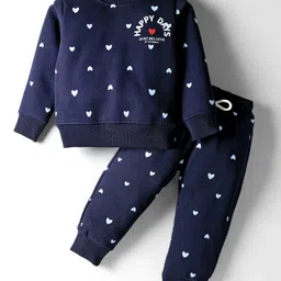 Smarty Girls Fleece Knit Full Sleeves Co-ords Winter Wear Night Suit With Hearts Print - Navy Blue-picture-28