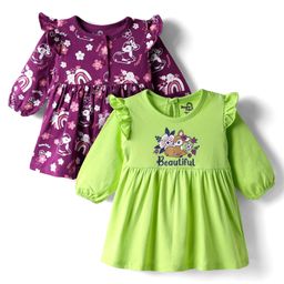 Doodle Poodle Cotton Single Jersey Knit Full Volume Sleeves Frocks with Frill Detailing Floral & Animal Print Pack of 2 - Wild Lime Green & Dahlia Violet-picture-14