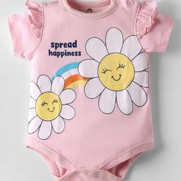 Doodle Poodle 100% Cotton Knit Frill Half Sleeves Onesie With Rainbow & Floral Print - Baby Pink-picture-7