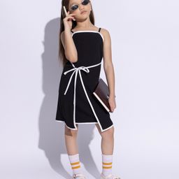 Taffykids Woven Sleeveless Piping Detailed Wrap Dress - Black & White-image-25