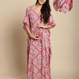 Secret Wish Rayon Woven Half Batwing Sleeves Floral Printed Maternity Kaftan Nighty With Side Seam Nursing Access - Pink-image-95