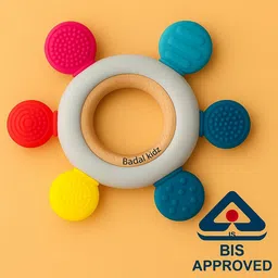 Badal Kidz BPA-Free & BIS Approved Wooden-Silicone Flower Teether for Babies - Textured Surface for Gum Relief (0M+) -Dark Multi-picture-12
