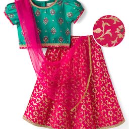 EARTHY TOUCH Viscose Woven Half Sleeves Choli Lehenga & Dupatta Set With Floral Print - Pink-picture-2