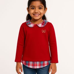 JusCubs Cotton Knit Full Sleeves Checked & Bow Embroidered Sweatshirt - Red-picture-16