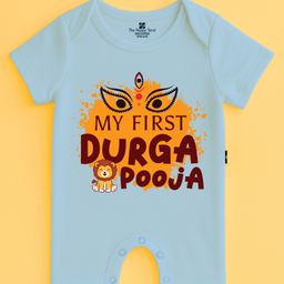 The Peppy Tend 100% Cotton Knit Durga Puja Theme Half Sleeves My First Durga Pooja Text Printed Romper - Blue-picture-37