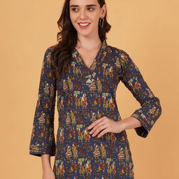 PFFASHION Printed V-Neck Pure Cotton Kurti-image-0