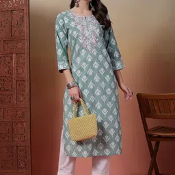 Sangria Floral Printed & Embroidered Cotton Straight Kurta-image-72