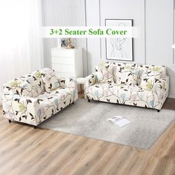 HOKIPO Beige Brown Leaves Print 5 Seater Fully Covered Stretchable Sofa Cover-image-19