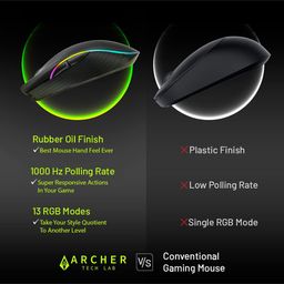 Archer Tech Lab Recurve 300 Wired Gaming Mouse,12000 Dpi with 1000Hz Polling Rate 8 Buttons, Support, 6 Mode RGB, Sunplus Sensor, 10 Mn+ Clicks Huyu Switches, Compatible with Pc/Mac - Black image 4