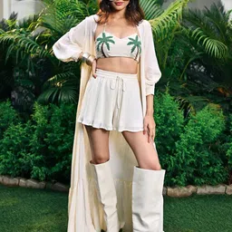 NORE21 Embroidered Sleeveless Crop Top With Shorts & Shrug-image-83