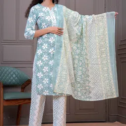 HIGHLIGHT FASHION EXPORT Women Floral Printed Pure Cotton Kurta with Trouser & Dupatta-45
