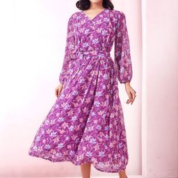 ASILYNWomen Floral Print Georgette Wrap Midi Dress-image-6