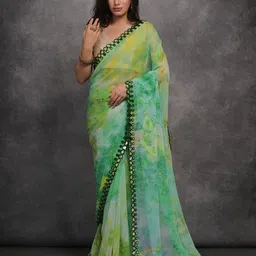 Panzora Abstract Printed Mirror Work Saree-11